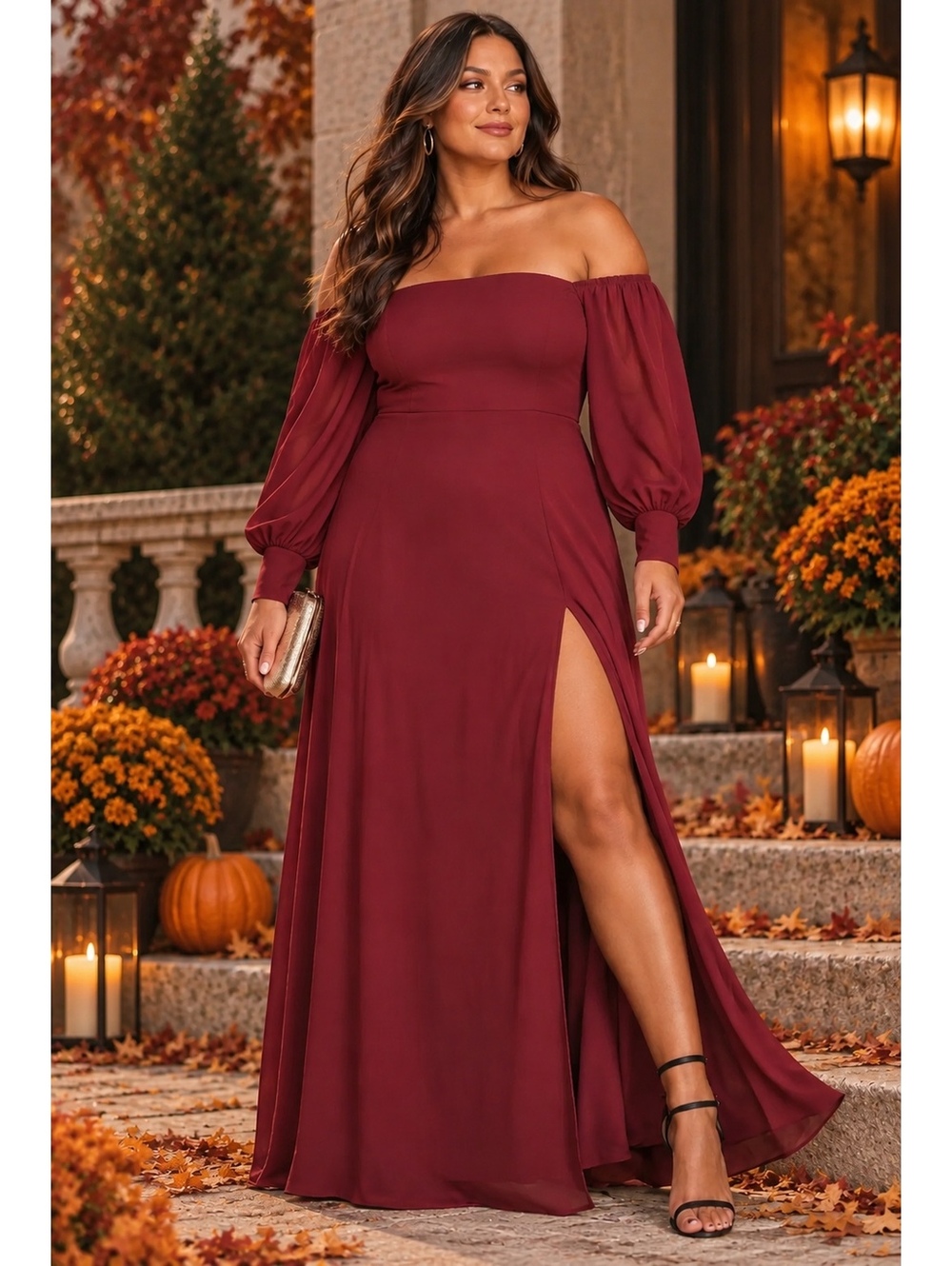 Lulus Feel the Romance Burgundy Off Shoulder Long Sleeve Maxi Dress XL